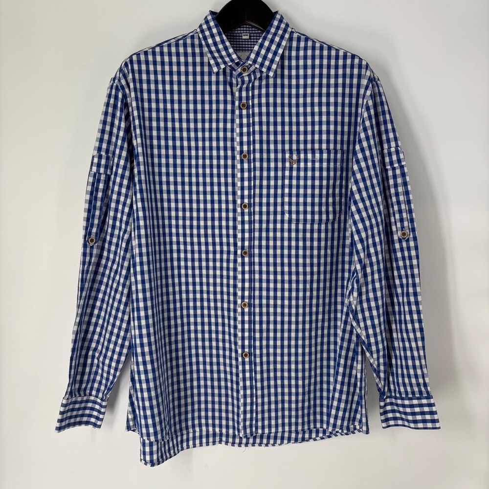 Bavaria Trachten Mens XXL Blue Gingham Check Roll-Tab Oktoberfest Stag Shirt